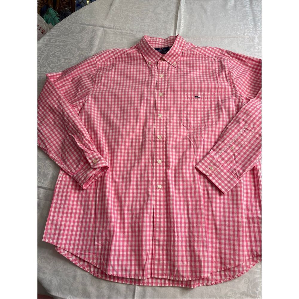 Vineyard Vines Pink White Plaid Gingham Slim Fit Tucker Shirt Size XXL